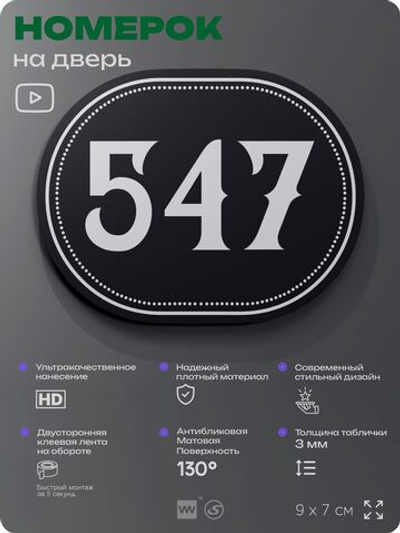 Номерок на дверь квартиры 547, для кабинета, офиса, шильдик 9 х 7 см, черный, Айдентика Технолоджи