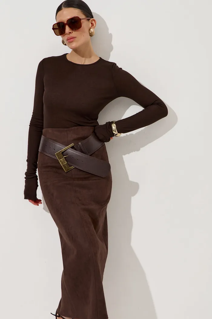 Юбка карандаш из экозамши цвета шоколад