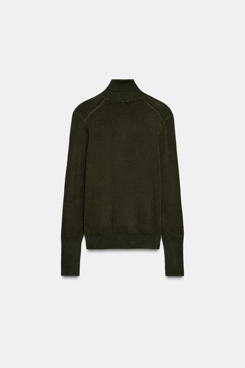 ZARA БАЗОВЫЙ ТРИКОТАЖНЫЙ ДЖЕМПЕР С ВЫСОКИМ ВОРОТНИКОМ, ТЕМНЫЙ ХАКИ