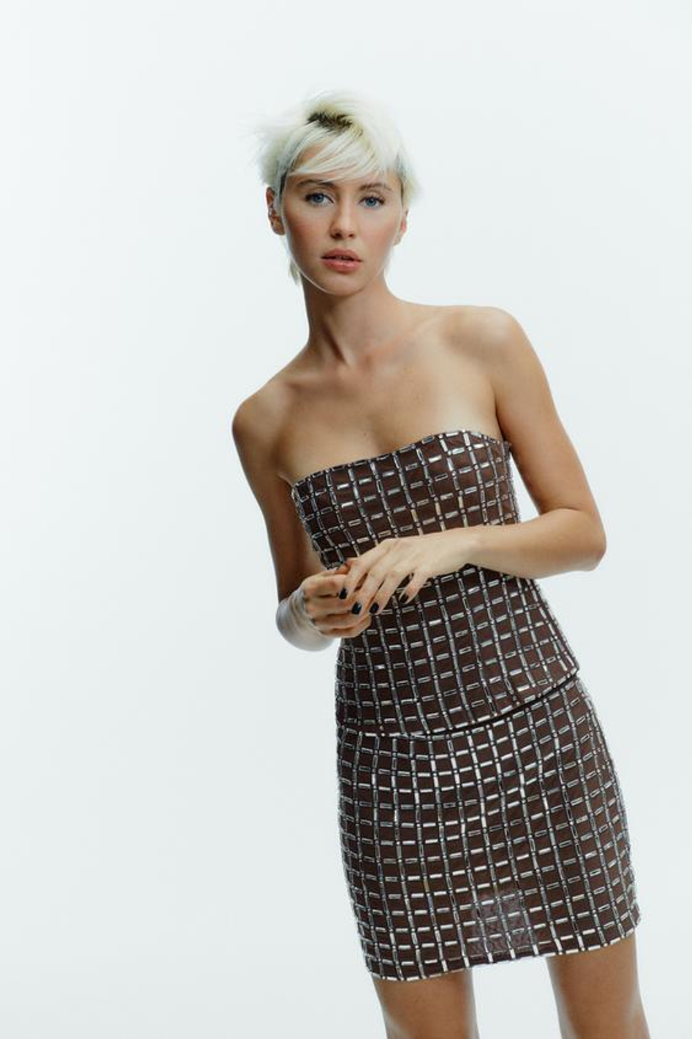 ZARA МИНИ-ЮБКА СО СТРАЗАМИ, КОРИЧНЕВЫЙ