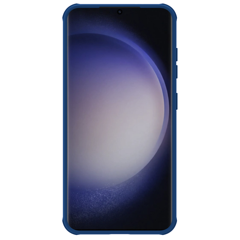 Противоударный чехол синего цвета с защитной шторкой для камеры от Nillkin на Samsung Galaxy S24, серия CamShield Pro Case