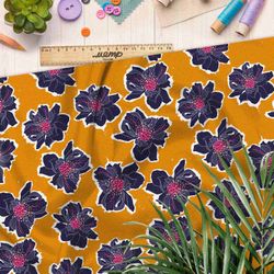 Ткань шифон синие цветы на горчичном фоне
