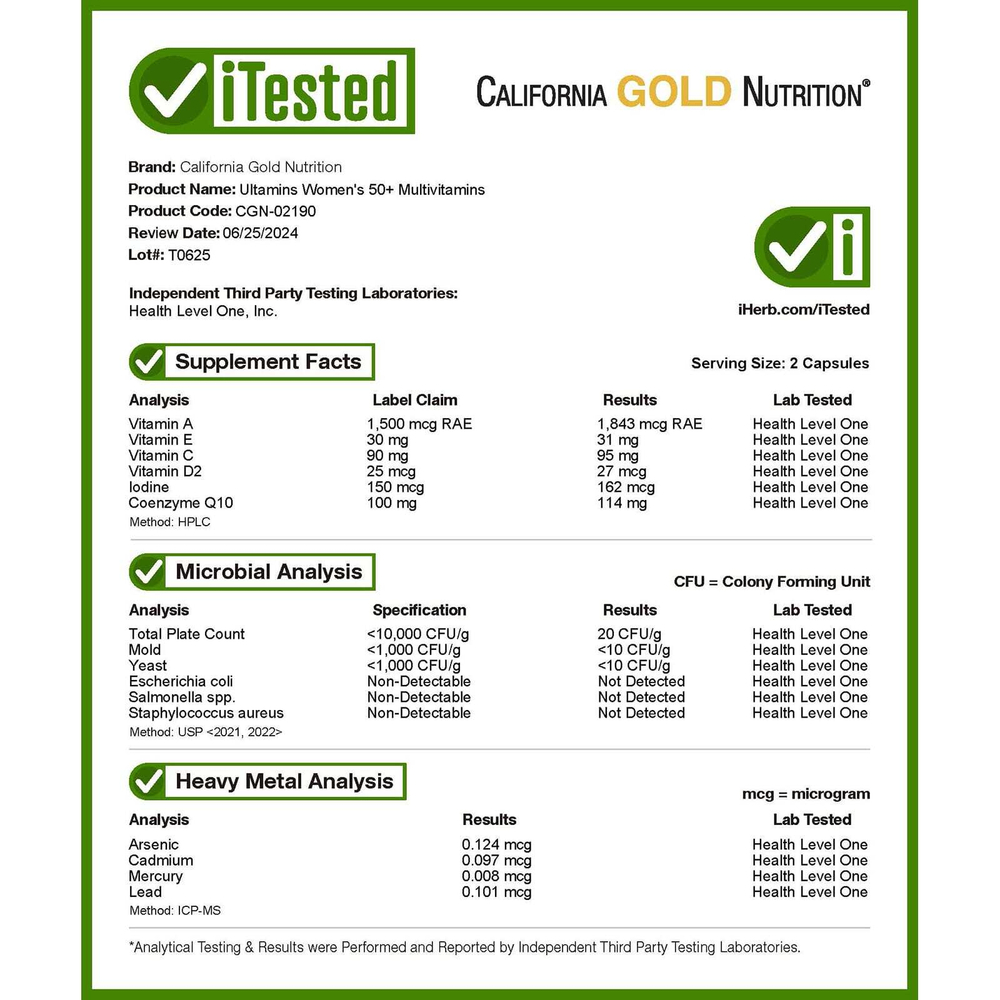 California Gold Nutrition, Ultamins, мультивитаминный комплекс для женщин старше 50 лет с коэнзимом Q10, грибами, ферментами, овощами и ягодами, 60 растительных капсул