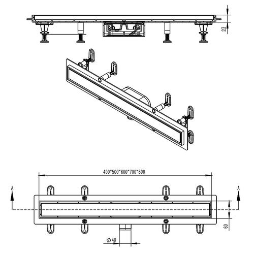 Душевой лоток AZARIO 500 мм, D40(50), металлическая перфорированная решетка, пластиковый желоб, комбинированный затвор (AZT13500)