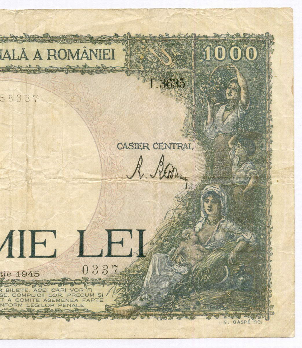Банкнота Румыния 1000 лей 1945 год I.3635 0337. VF