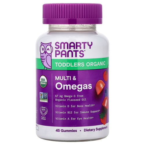 SmartyPants, органические мультивитамины и омега-кислоты для детей, со вкусом ягод и вишни, 45 жевательных таблеток