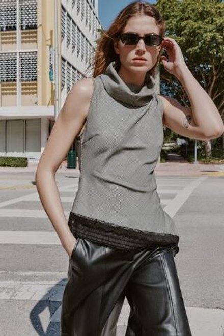 ZARA ТОП С УЗОРОМ «ГУСИНАЯ ЛАПКА», АСИММЕТРИЧНЫЙ НИЗ И КРУЖЕВО, ЧЕРНЫЙ/ЭКРЮ