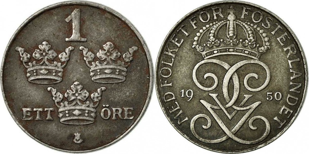 Швеция 1 эре, 1942 - 1950 Король Король Густав V XF