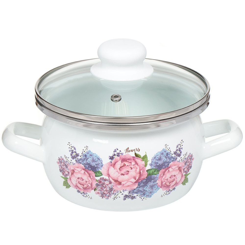 Кастрюля сталь, эмал, 1.5 л, с крыш, Сантэкс, Гортензия, 1-2415112, индукц