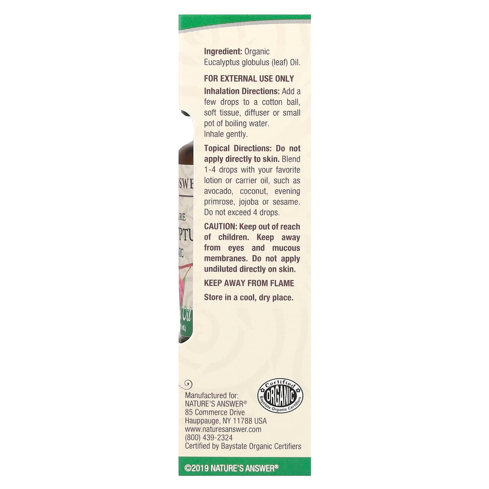 Nature's Answer, Органическое эфирное масло, 100% чистый эвкалипт, 15 мл
