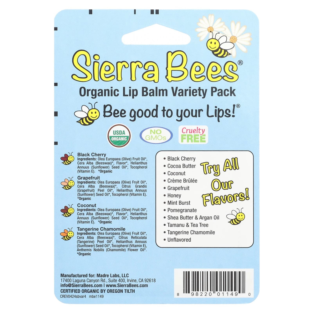 Sierra Bees, набор органических бальзамов для губ, 4 штуки, вес: 4,25 г (0,15 унции) каждый