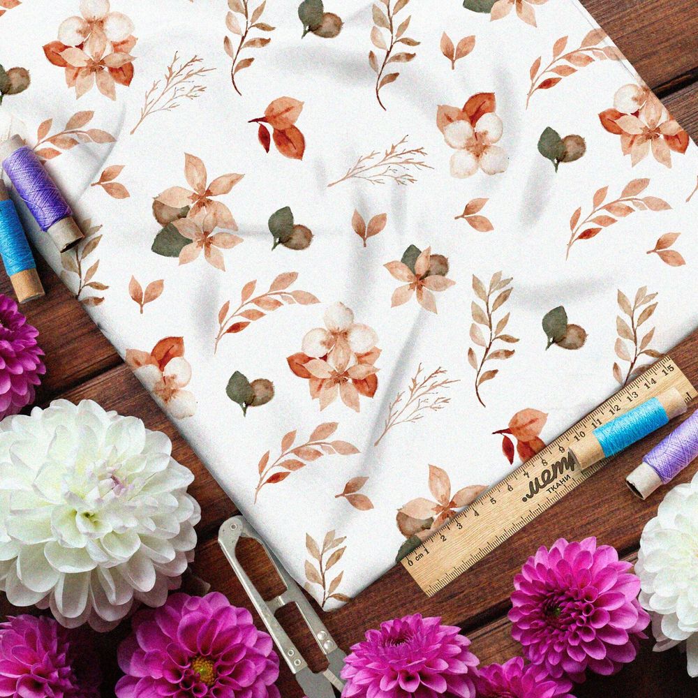 Ткань кулирная гладь акварельные цветы и листья на бежевом фоне