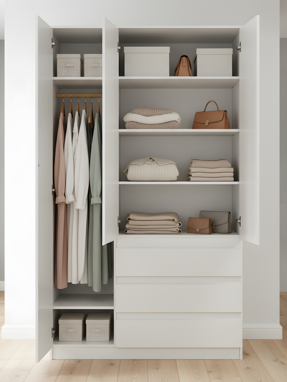 Шкаф для одежды распашной 3 двери 3 ящика Марм 121х51х208 см со штангой и полками, в скандинавском стиле