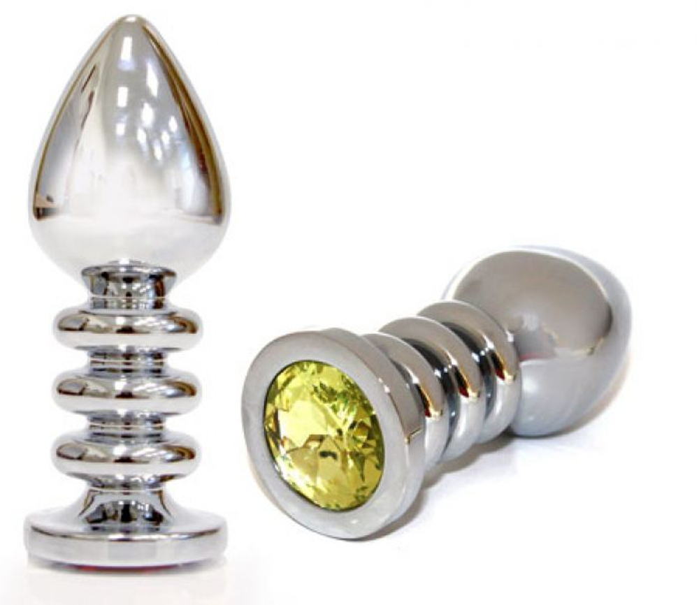 Большая серебристая анальная пробка с жёлтым кристаллом - 10 см. (Цвет: желтый)