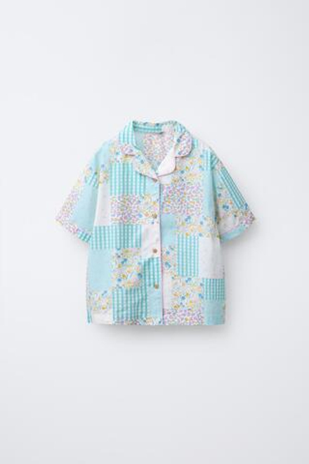 ZARA ПИЖАМА С РУБАШКОЙ И ШОРТАМИ В СТИЛЕ ПЭЧВОРК, ЭКРЮ