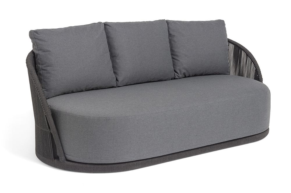 "Монтелла" диван 3-местный плетеный из роупа, каркас алюминий темно-серый (RAL7024) муар, роуп темно-серый круглый, ткань темно-серая 027