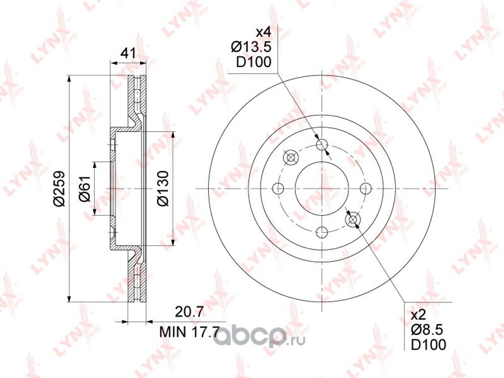 Диск тормозной передний Renault Logan Sandero Megane I Lada Largus Nissan Almera с 2013 г. вентилир. 259x20 мм. (LYNXauto)