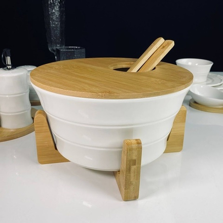 Lenardi 140-167 Набор салатник 25см. с 2 ложками и крышкой на подставке BAMBOO в под.уп.(х8)Фарфор