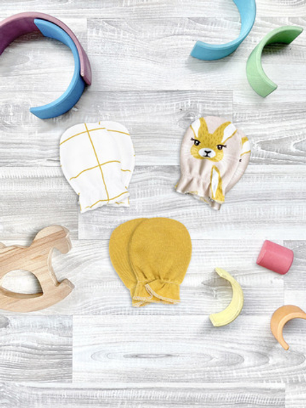 Рукавички-антицарапки Mjölk Зайчики/Клетка/Mustard, сет из 3х пар