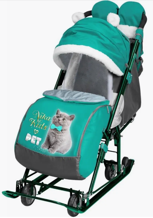 Санки-Коляска Ника Детям НД7-6/14 С котенком изумрудный