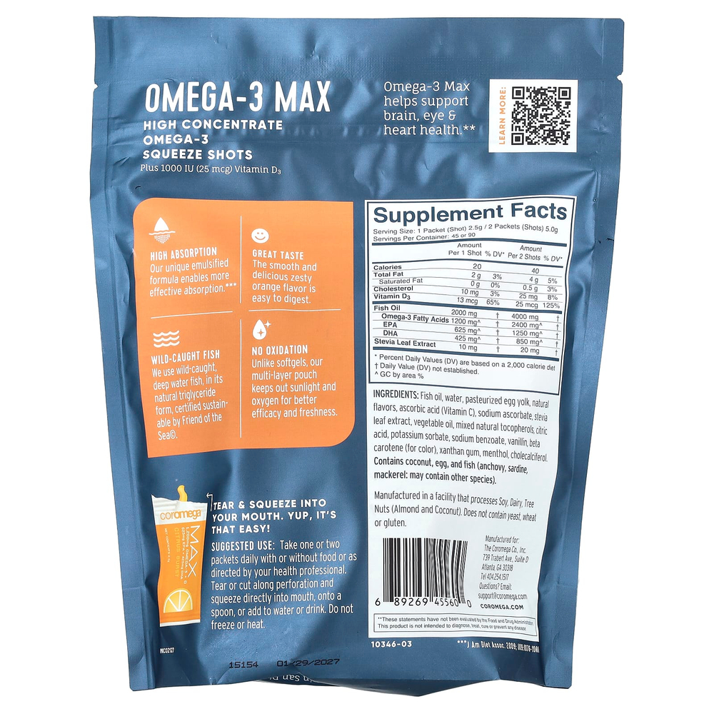 Coromega, Omega-3 Max, высококонцентрированные капсулы с омега-3, цитрусовые, 90 порционных пакетиков, по 2,5 г