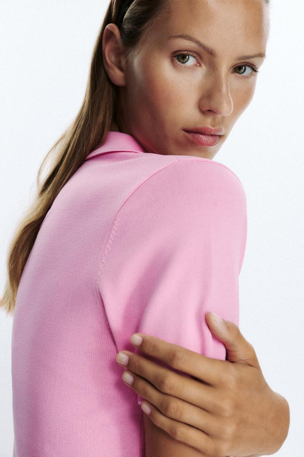 ZARA ТРИКОТАЖНЫЙ ТОП-ПОЛО С КОРОТКИМИ РУКАВАМИ, МЯГКИЙ РОЗОВЫЙ