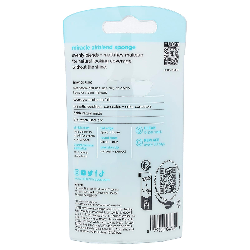 Real Techniques, Sponge +, Miracle Airblend Sponge, с антимикробной добавкой, шаг: Смесь, 1 спонж