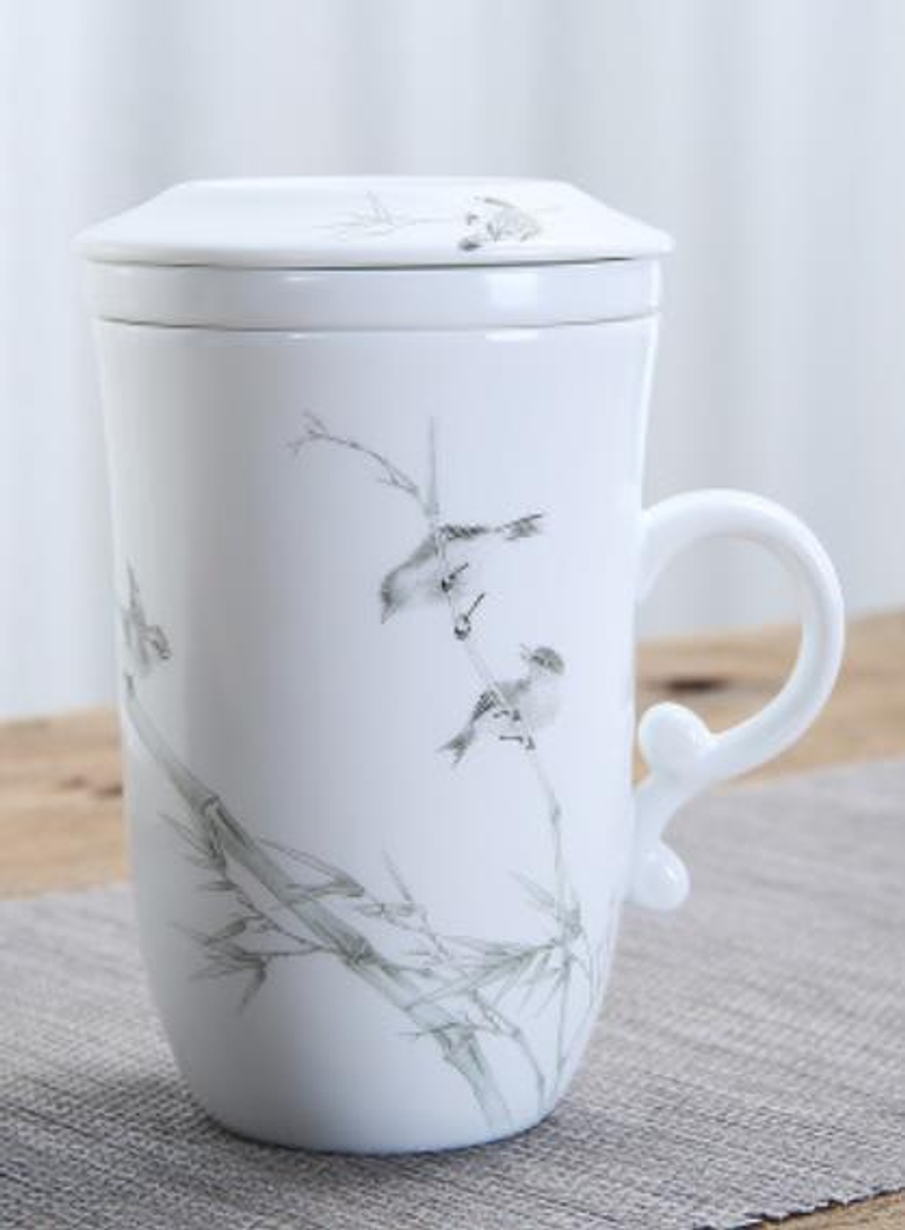 266012 Кружка "Птицы в зарослях бамбука" с заварочной колбой h=12см, d=10,5см, 250мл, керамика белый