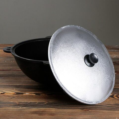 Чугунный казан с круглым дном и крышкой (объем 6 литров) (Цвет: не задано)