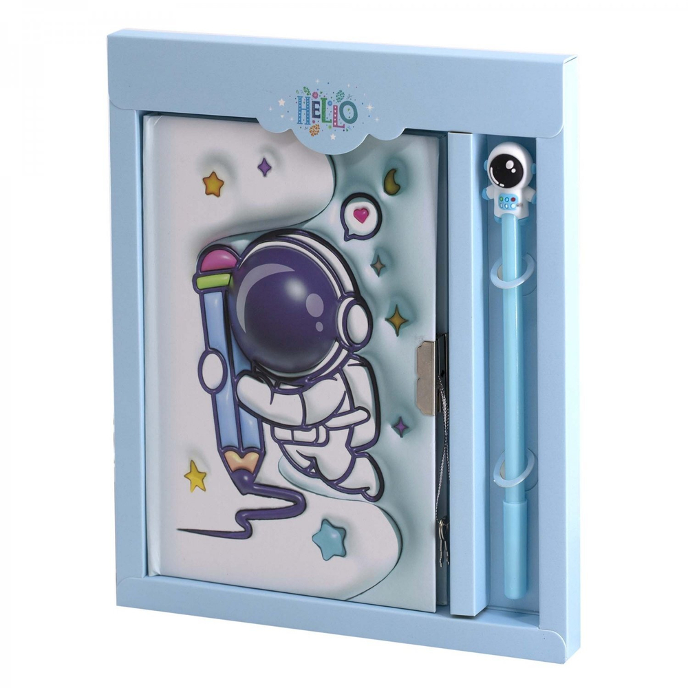 Записная книжка в футляре, 20,0 см * 22,5 см, 7БЦ, Alingar, мат.ламин, эффект 3D, ручка, замочек, клетка, 50 л., "Космос. Рисуем на облаках"