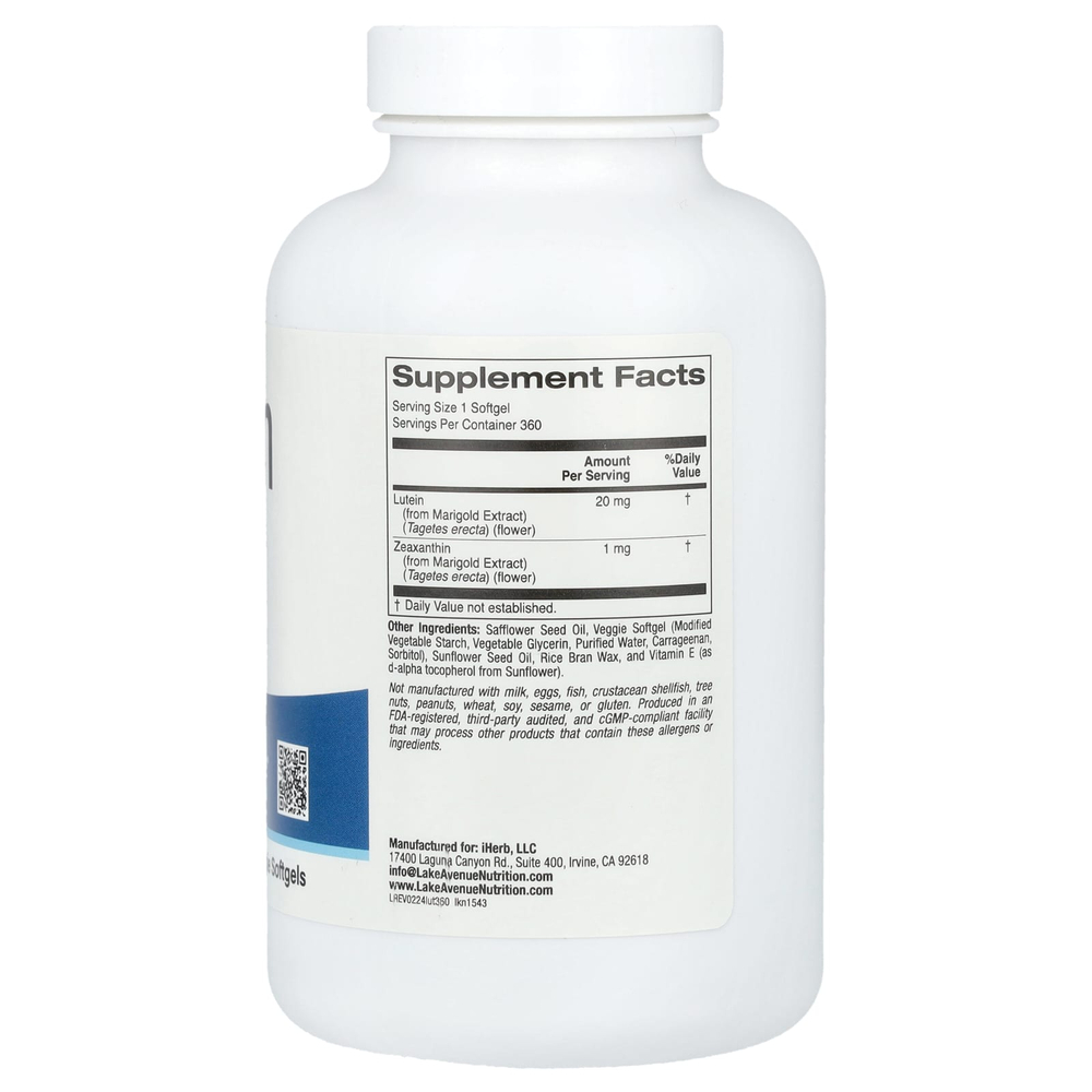 Lake Avenue Nutrition, Лютеин, 20 мг, 360 растительных капсул