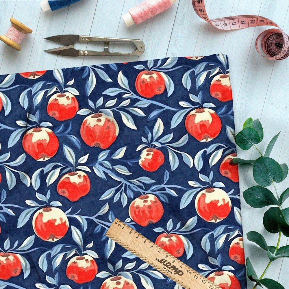 Ткань премиум таффета яркие фрукты на синем