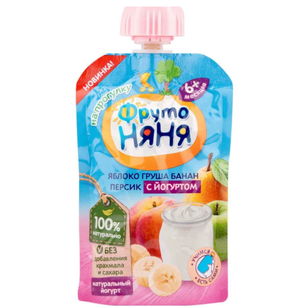 Пюре Фруто Няня Gualapack яблоко, груша, банан, персик с йогуртом 90 гр