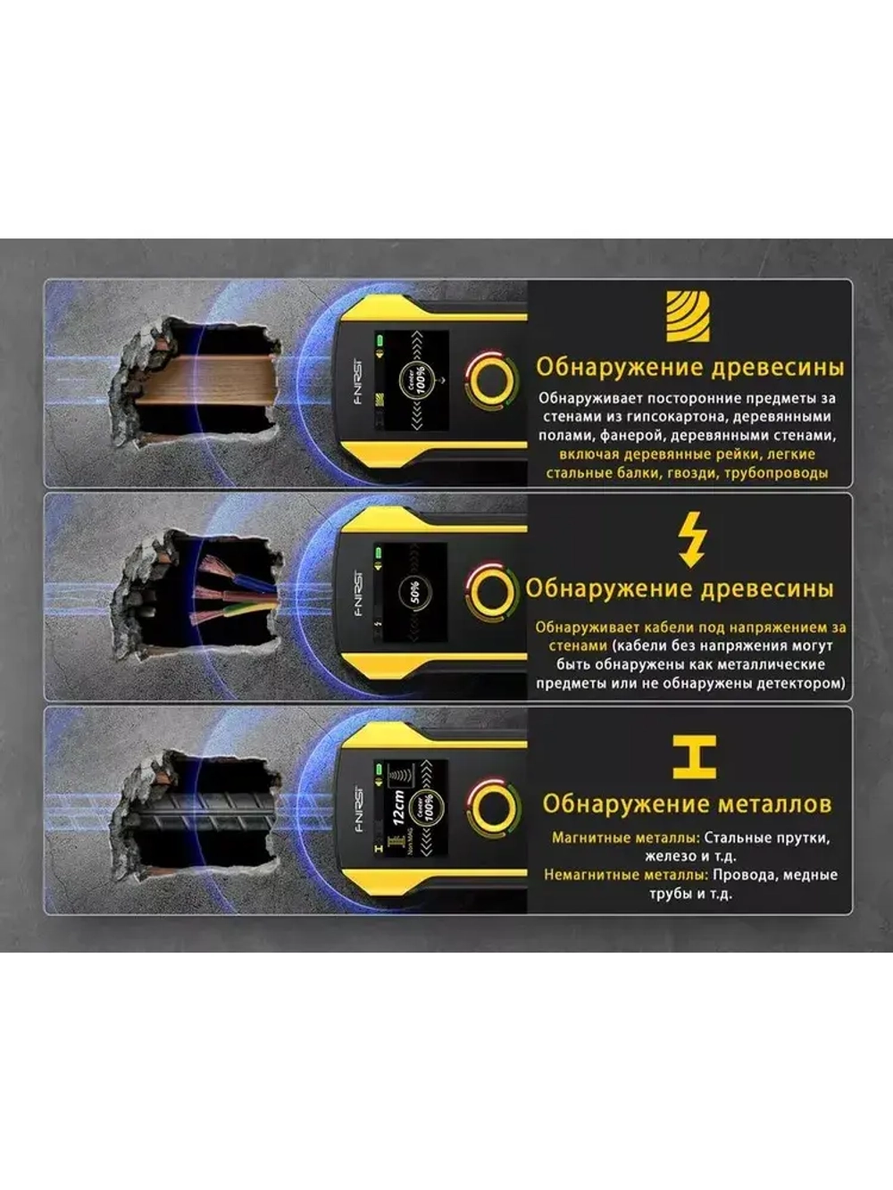 Скрытая проводка и металлодетектор FNIRSI WD-02,Портативный цифровой индикатор проводки,Локатор ,Высокоточная несущая стена трубы, поддержка переключения Русский-черный