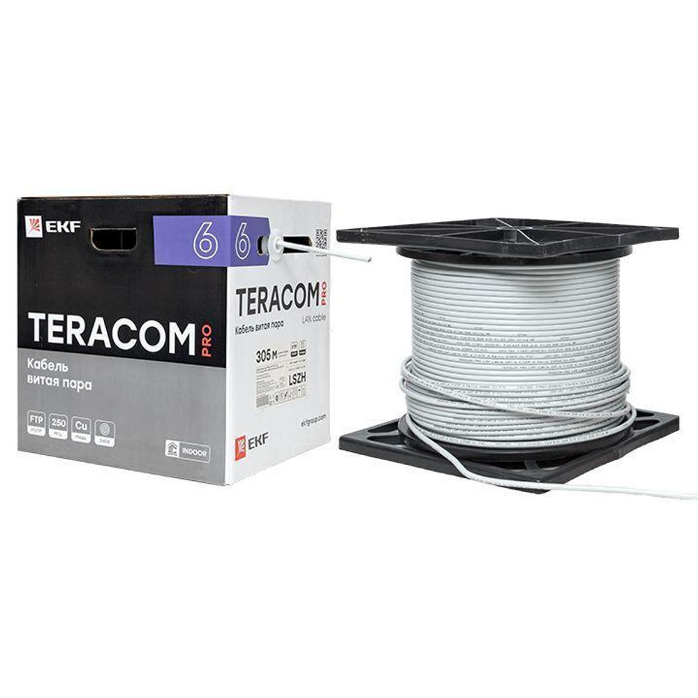 Кабель витая пара F/UTP кат.6 4 пары solid 23AWG оболочка LSZH нг(А)-HF TERACOM PRO сер. (уп.305м) EKF TRP-6FTP-04LSH-GY-IN3