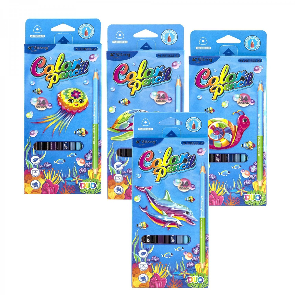 Карандаши цветные двусторонние Yalong 12/24 цв., "World water" деревянные, трехгранные, заточенные, грифель 3.0 мм, картон. уп., европодвес