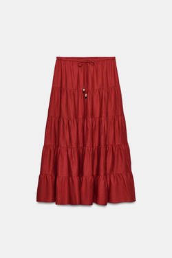 ZARA ЮБКА МИДИ ИЗ ЛЬНА СО СБОРКАМИ, ГРАНАТОВЫЙ