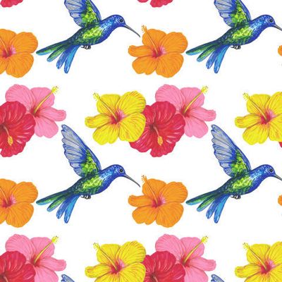 Колибри с тропическими цветами