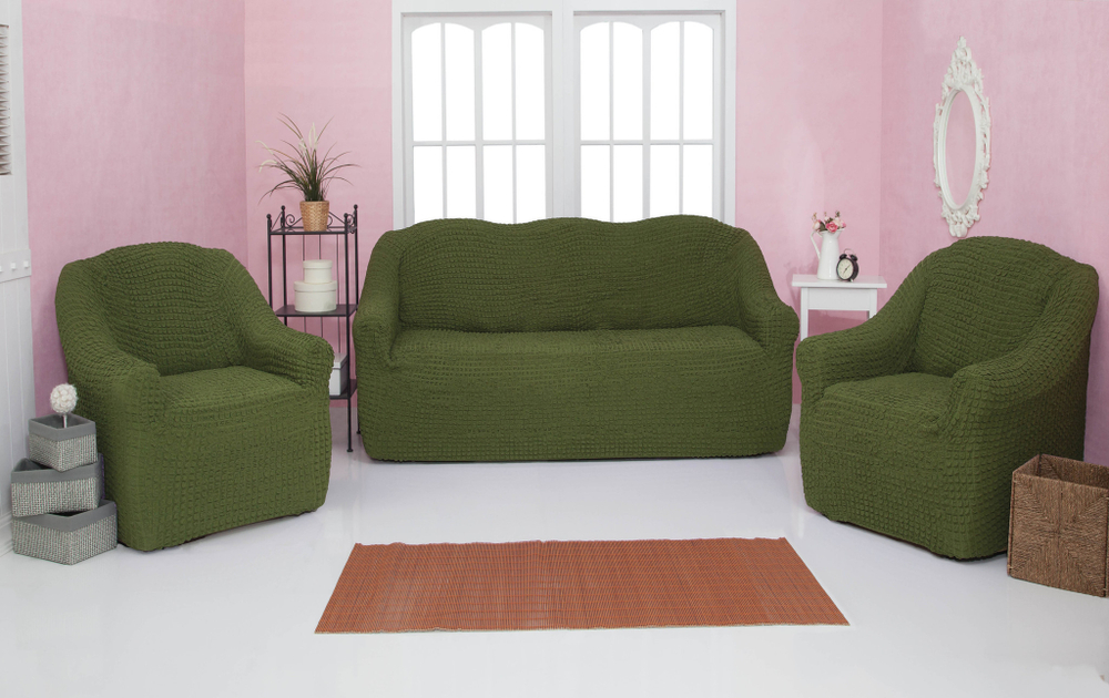 Комплект чехлов на диван и 2 кресла без оборки, цвет Зеленый