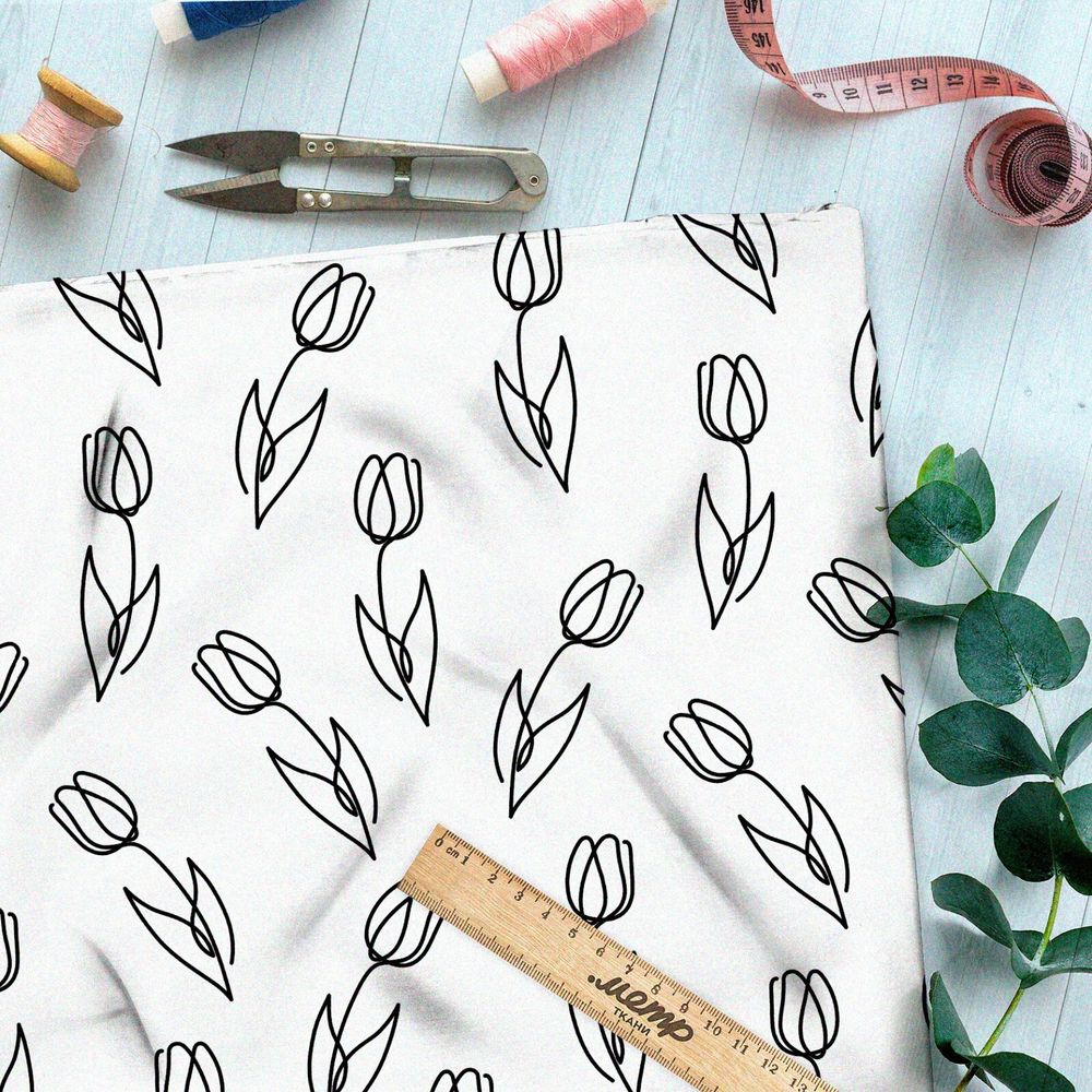 Ткань футер 2-х нитка простые эскизы тюльпанов на бежевом фоне