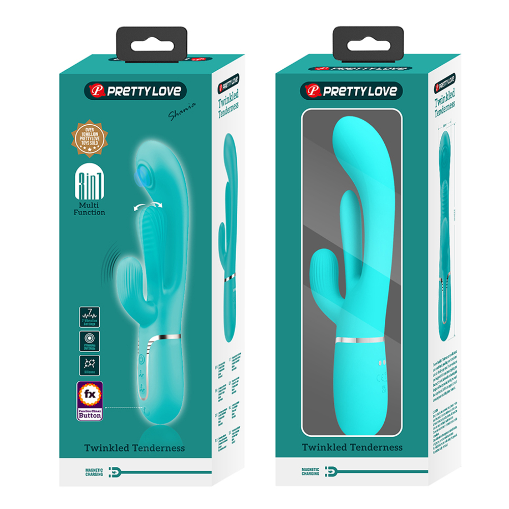 Бирюзовый вибратор-кролик 22,2см с дополнительным язычком Pretty Love Triple Rabbit Multifuncional Vibrador BW-500041-1