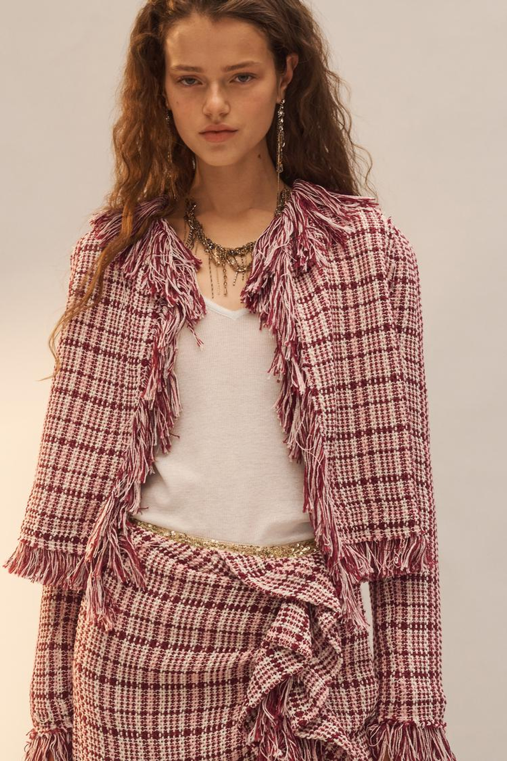 ZARA ЖАКЕТ С БАХРОМОЙ, ТЕМНО-РОЗОВЫЙ