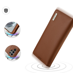 Чехол книжка из натуральной кожи коричневого цвета с защитой RFID от Dux Ducis для Samsung Galaxy S25 Ultra, серия Hivo Series Case