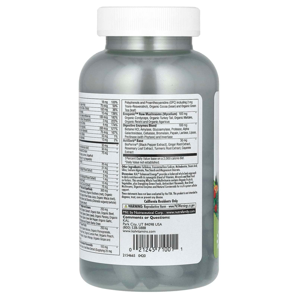 KAL, Enhanced Energy, Whole Food Multivitamin, 180 Vegetarian Tablets