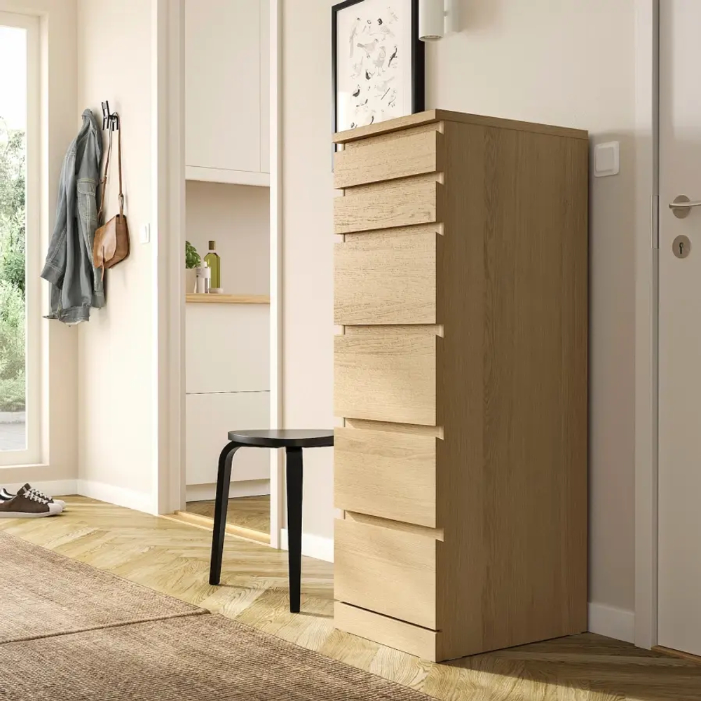 Комод с 6 ящиками - IKEA MALM, 123х40х48 см, дубовый шпон, беленый МАЛЬМ ИКЕА