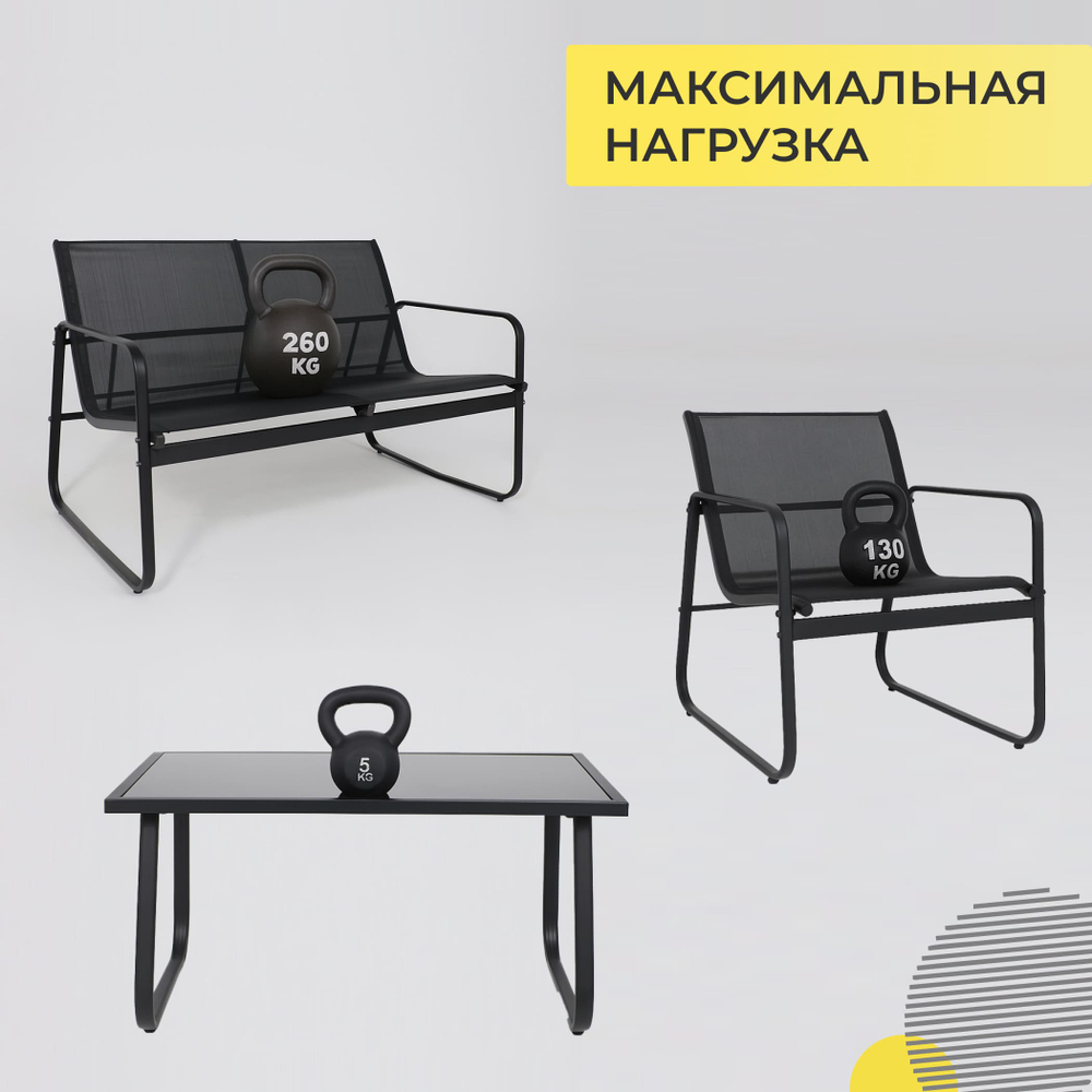 Комплект садовой мебели VERANDA (кресло 2шт, диван 1шт, стол 1шт), черный/черный