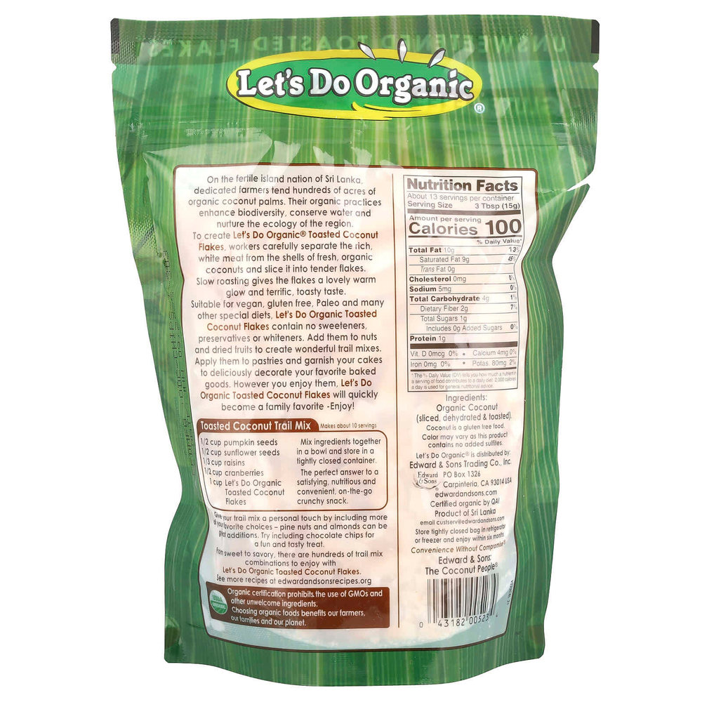 Edward & Sons, Let's Do Organic, 100% органические поджаренные кокосовые хлопья без сахара, 200 г (7 унций)