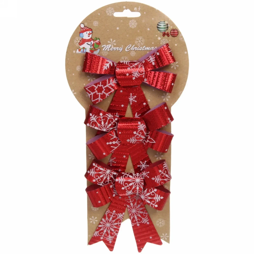 Бант на ёлку «Снежинка» 10*12 см (набор 3шт), Красный