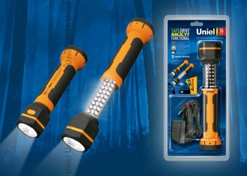 S-CL011-CA Orange Фонарь Uniel серии Стандарт «Safe Drive Multifunctional», прорезиненный корпус, 30+6 LED, упаковка - кламшелл, 3,6V 1200 mAh Ni-Mh в