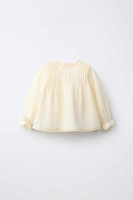 ZARA БЛУЗКА С ЗАЩИПАМИ И КРУЖЕВОМ, ЭКРЮ